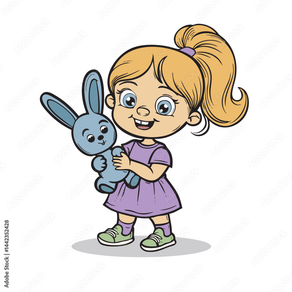 Cute little girl plays with stuffed bunny. Happy kid in dress has fun with plush friend rabbit. Funny child holds baby hare in hands, smiles. Flat isolated vector illustration on white background