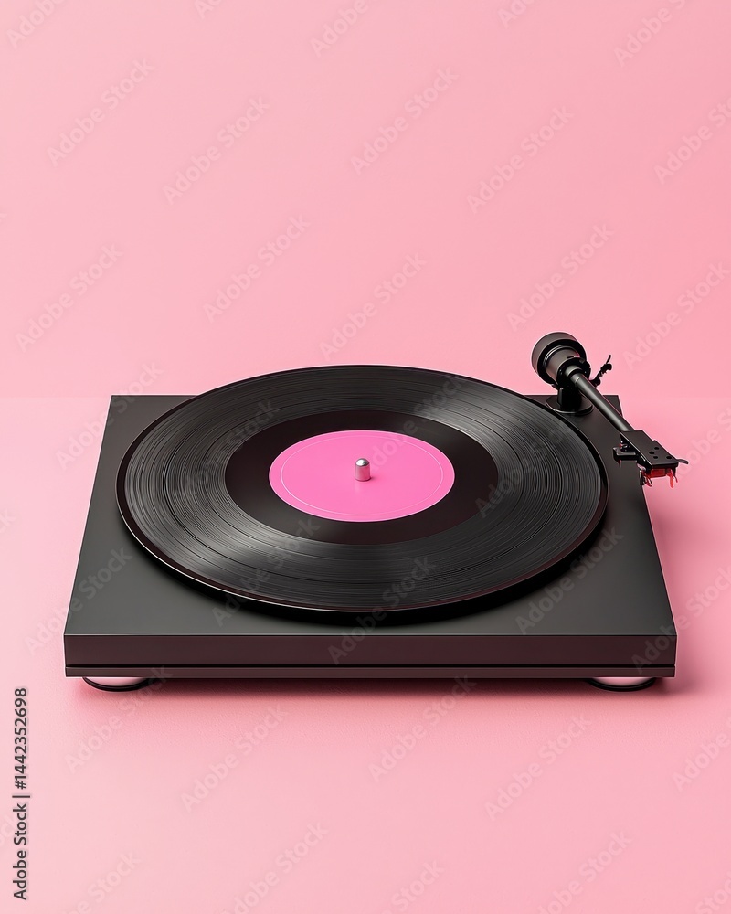 Realistic Mockup of a Vinyl Record Player on a Pastel Background with a Pink Vinyl Record Spinning Realistic Mockup of a Vinyl Record Player on a Pastel Background with a Pink Vinyl Record Spinning