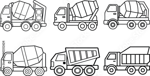 A grid of six black-and-white line drawings of construction trucks. The top row features two cement mixers, both with large, cylindrical drums on their backs, and two rear-dump trucks with open beds. 