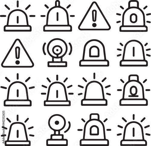 bell icon vector illustration, Emergency lights, siren icons, alert symbols, police beacon, ambulance warning, fire alarm, black and white, simple line drawings, minimalist design, flat icons