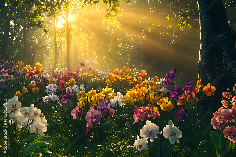 Obraz premium A radiant sunlit forest glade filled with vibrant flowers.