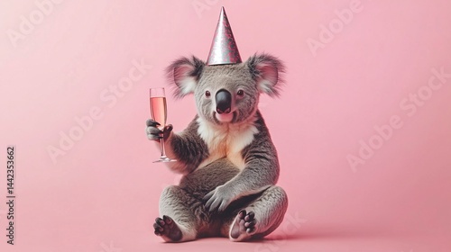 Koala wearing pink party hat enjoys celebratory toast with champagne flute against a vibrant pink backdrop