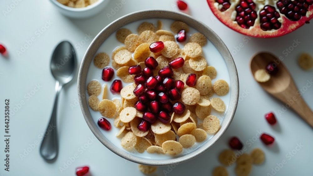 Detailed view of a cereal bowl with cereal, milk, and fruits Detailed view of a cereal bowl with cereal, milk, and fruits