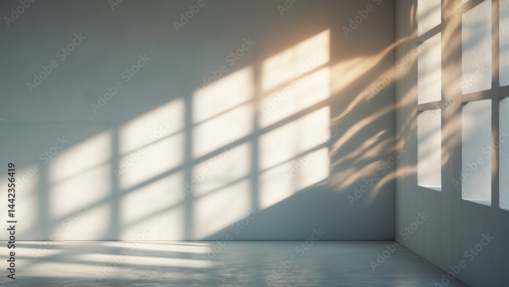Obraz premium Background of White Wall Studio with Shadow and Light on Cement Texture, Sunlit Empty Room with Reflections, Grey Concrete Wall Mockup for Product Presentation