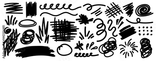 Collection of hand drawn doodles and squiggles for text highlighting sign. Set of different design elements with scribbles texture. Black brush strokes. Simple cute vector swashes and strokes