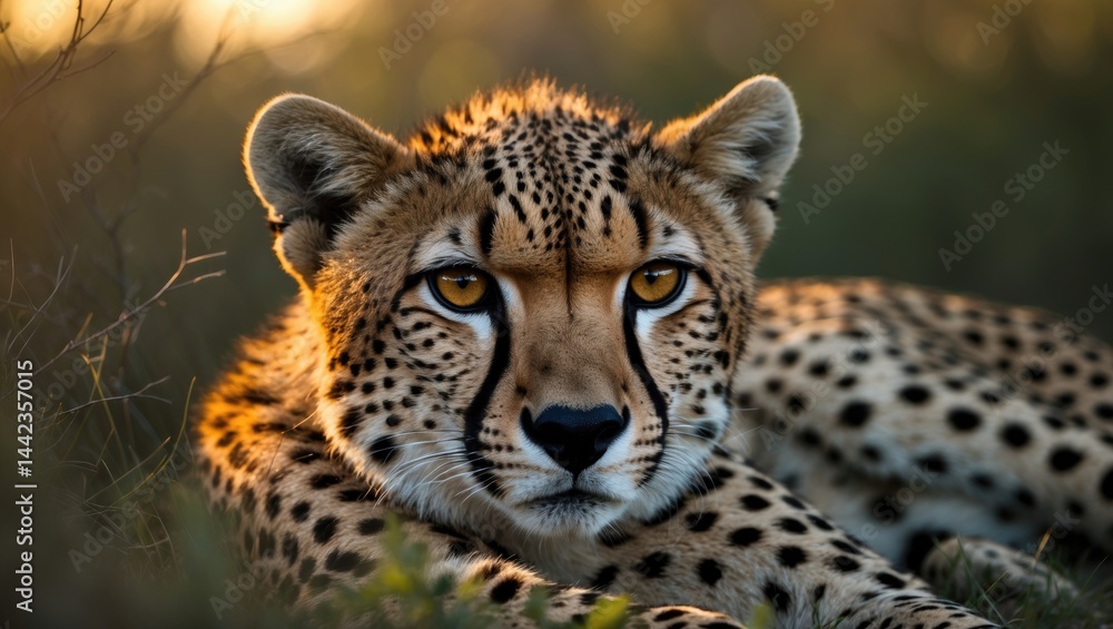 Detailed shot of a gorgeous wild cheetah relaxing in the foliage Detailed shot of a gorgeous wild cheetah relaxing in the foliage