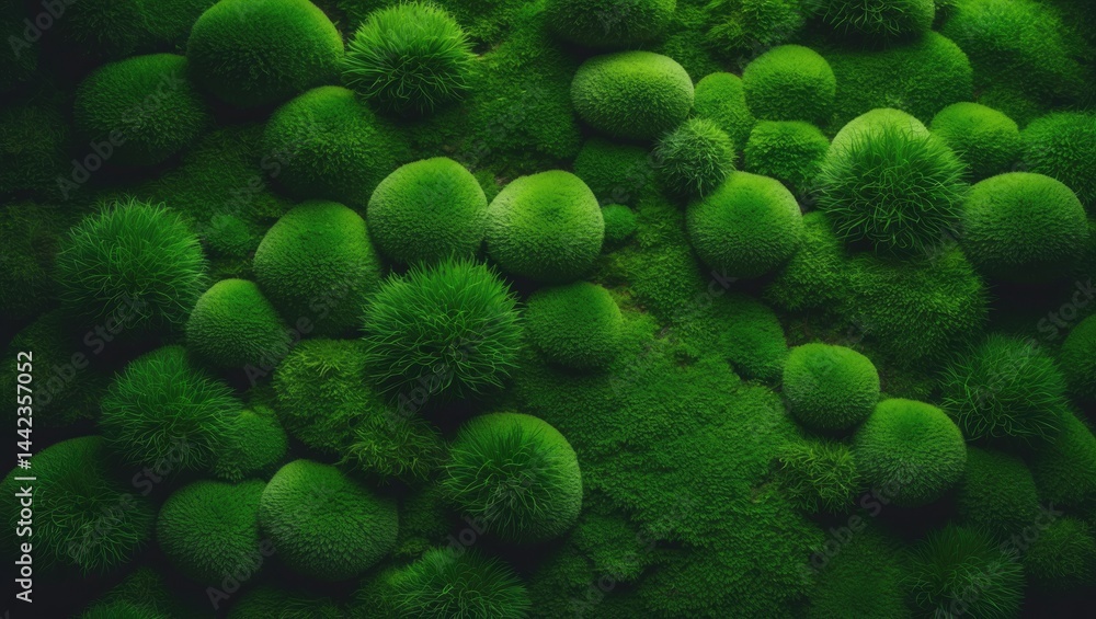 Obraz premium Intimate look at a wall blanketed in green moss. Nature-inspired background for design and text. Similar to a bird's eye view of a forest.