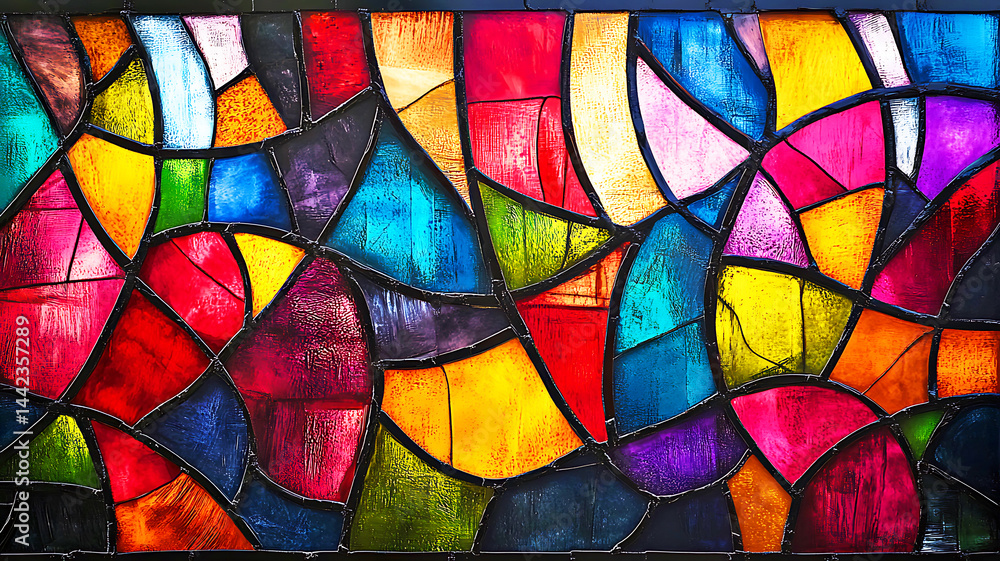 Fototapeta premium The colorful stained glass window art features a mosaic pattern with yellow, orange, and other vibrant colors creating a textured design