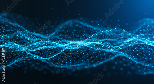 Abstract digital data wave with blue light particles. Plexus effect and technology concept. Future innovation background for website design and presentation.