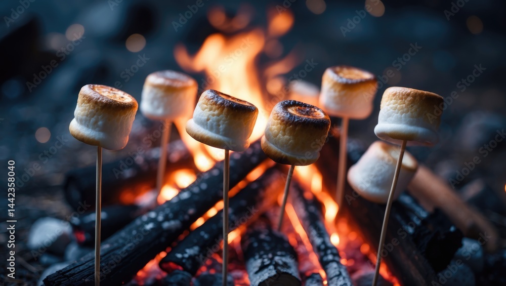 Obraz premium Delectable light marshmallows roasting on a campfire.