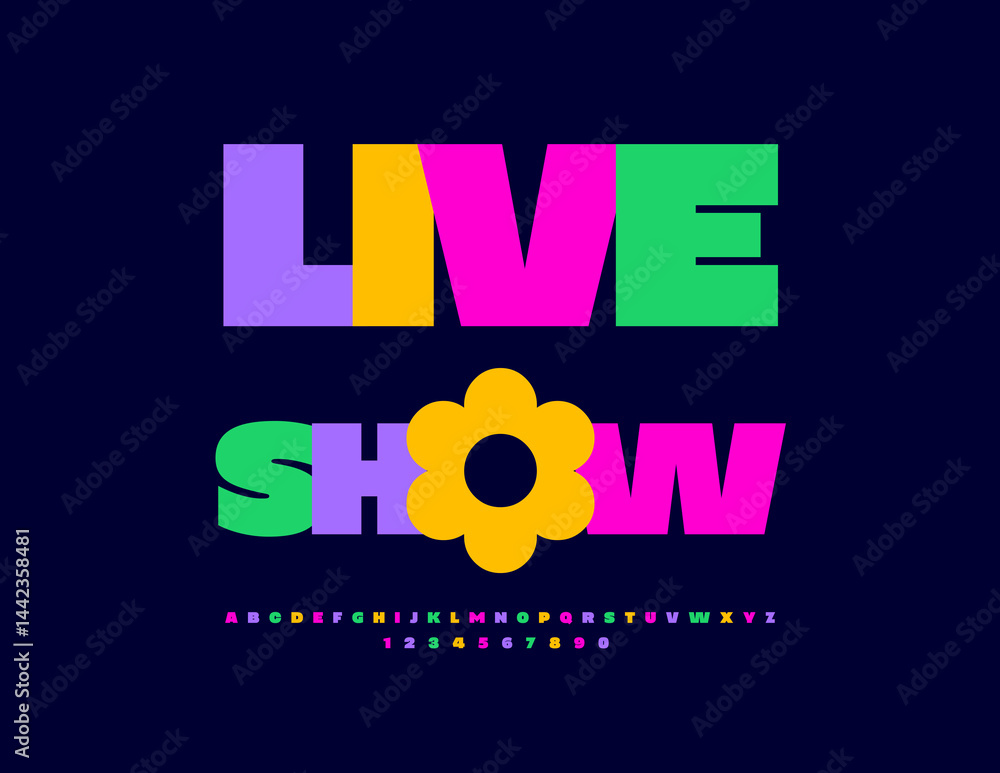 Fototapeta premium Vector Event flyer Live Show. Colorful Bright Font. Cool Digital Alphabet Letters and Numbers set. 