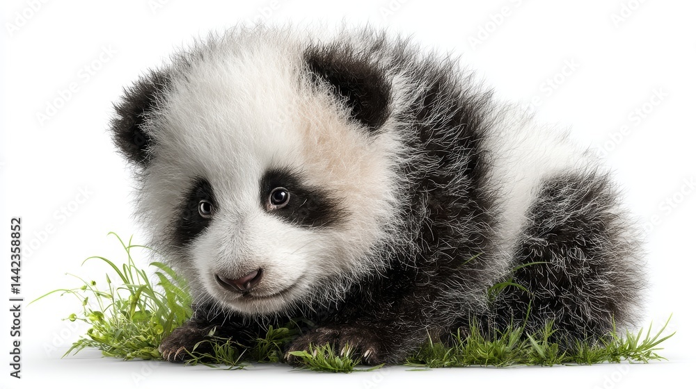 Naklejka premium a cute baby panda sitting on the grass on a white isolated background, adorable and playful look