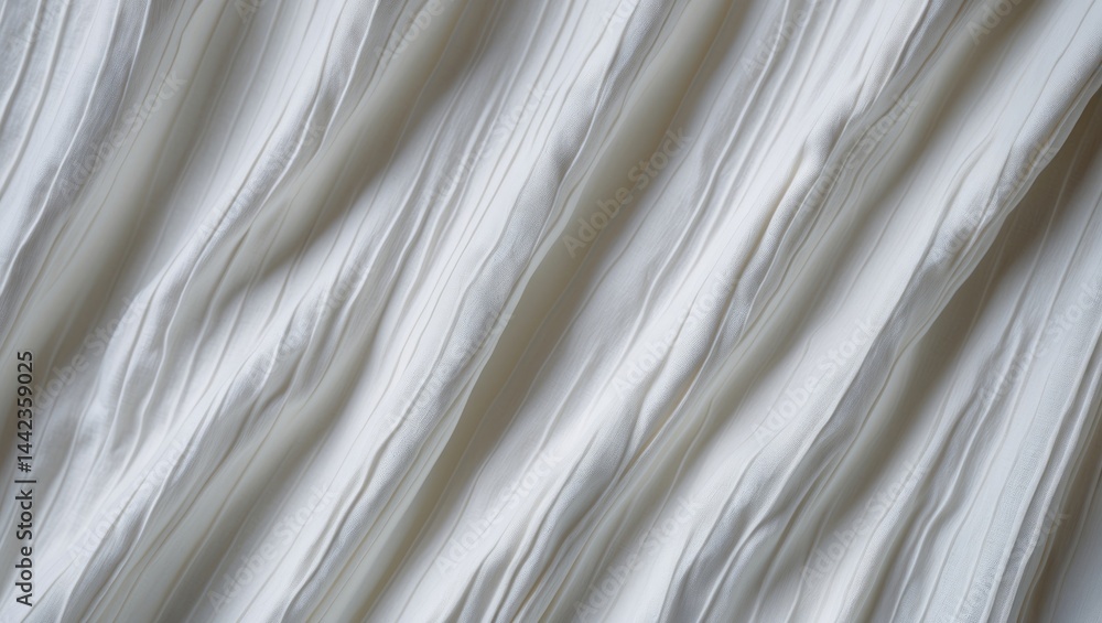 Obraz premium Detailed view of white crumpled stripe linen fabric with wrinkles on duvet textile background