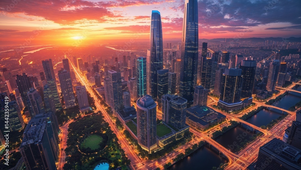 Obraz premium City skyline illuminated during sunset with vibrant colors over modern architecture and urban landscape