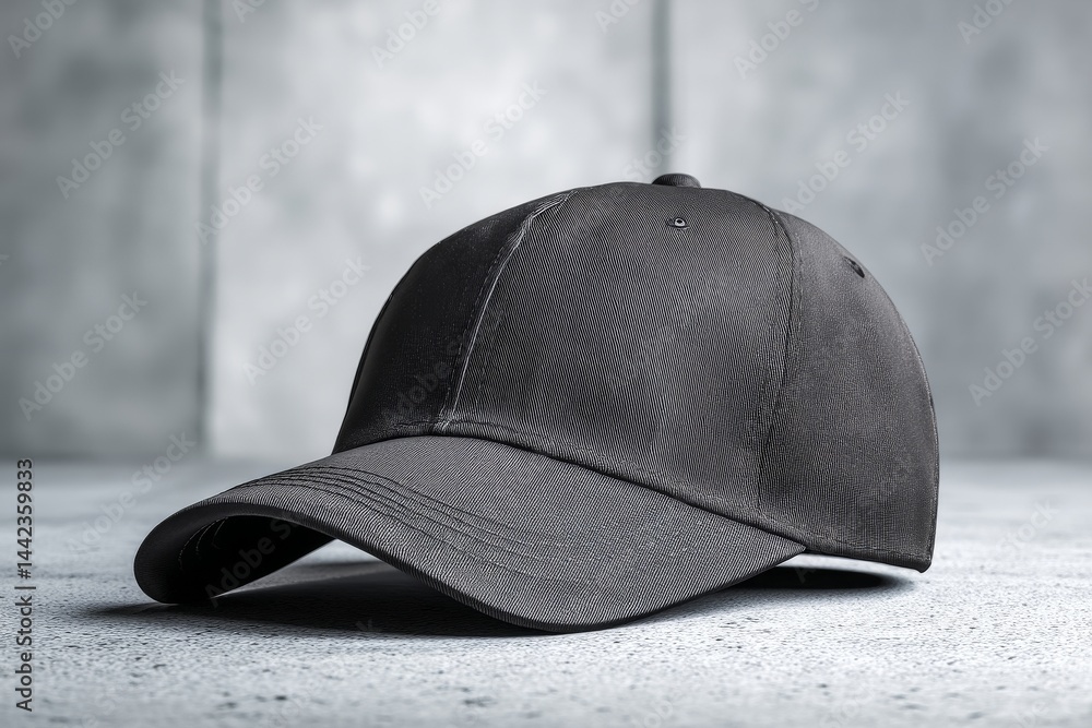 A black cap is positioned on a table set against a white background, serving as a mockup for design purposes A black cap is positioned on a table set against a white background, serving as a mockup for design purposes