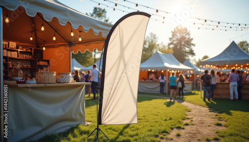 Wallpaper Mural Vertical banner mockup. Blank vertical flag banner at countryside fair with sunlight and people walking through vendor booths Torontodigital.ca