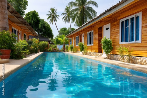 Wallpaper Mural Tranquil tropical poolside view with clear blue waters, tropical greenery, and traditional bungalows under a warm sky. Torontodigital.ca