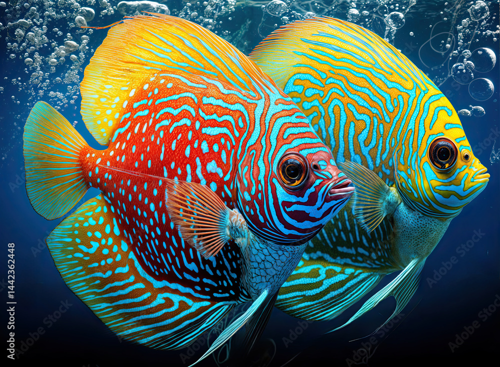 Close-up view of the fish's scales, highlighting the detailed textures and vibrant hues.