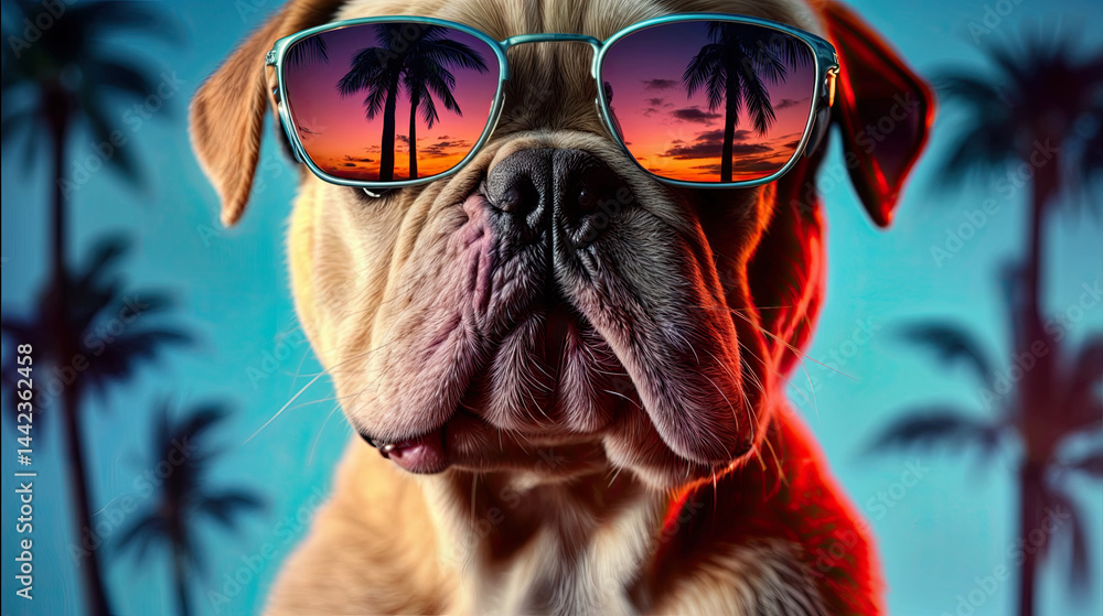 Close-up of a dog's face, wearing sunglasses with palm trees mirrored on the lenses.