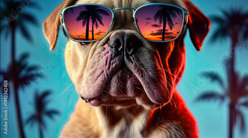Obraz na płótnie Close-up of a dog's face, wearing sunglasses with palm trees mirrored on the lenses. w salonie