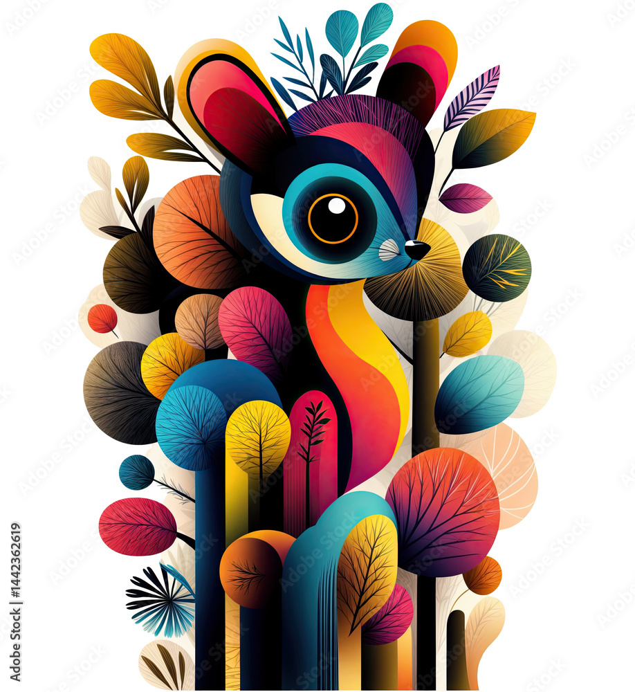 a vibrant and colorful illustration featuring a stylized animal with prominent eyes and abstract leaves and trees in various shades of orange, pink, blue, and green. The background is transparent.