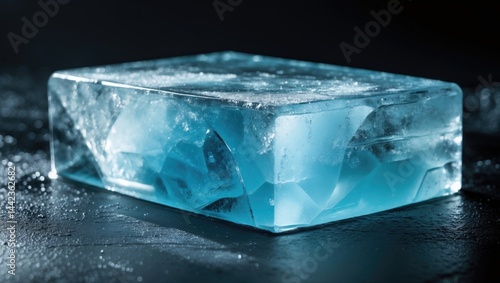 Icy natural block with a crystal-clear texture in cold hues, positioned on a black surface.