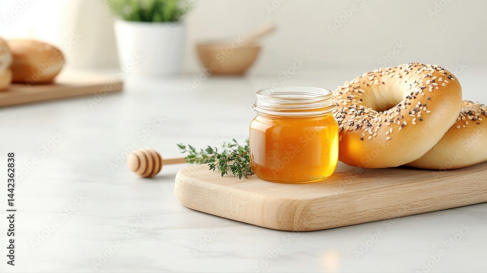 Honey Jar & Bagels on a Wooden Board: Food Still Life honey bagels breakfast food wooden board thyme Honey Jar & Bagels on a Wooden Board: Food Still Life honey bagels breakfast food wooden board thyme