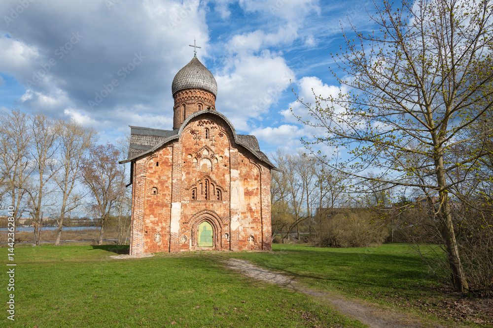 The ancient church of Peter and Paul in Kozhevniki in a May landscape. Veliky Novgorod, Russia