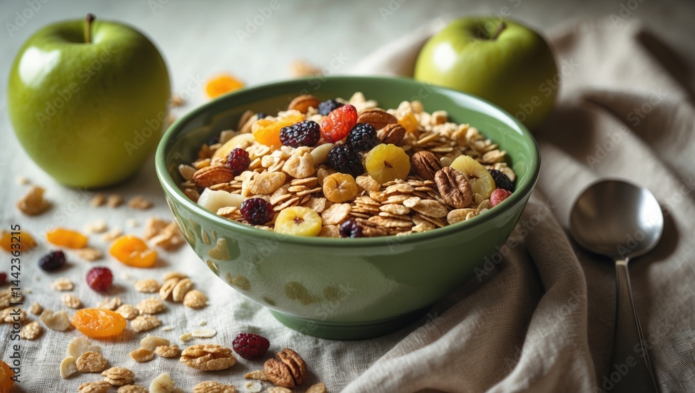 Healthy and delicious wholegrain muesli with dried fruits, nuts, and grains for breakfast Healthy and delicious wholegrain muesli with dried fruits, nuts, and grains for breakfast