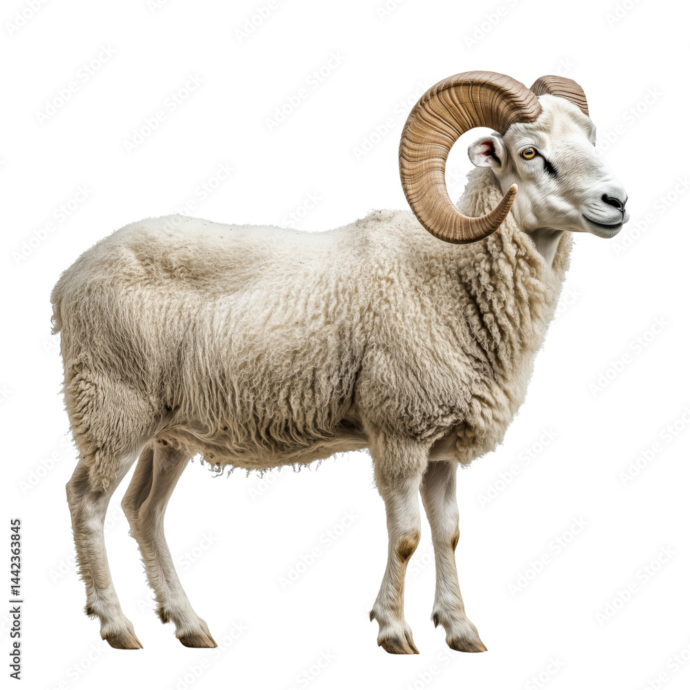 Side view of a large ram with curled horns, cut out, isolated on a transparent background, no shadow