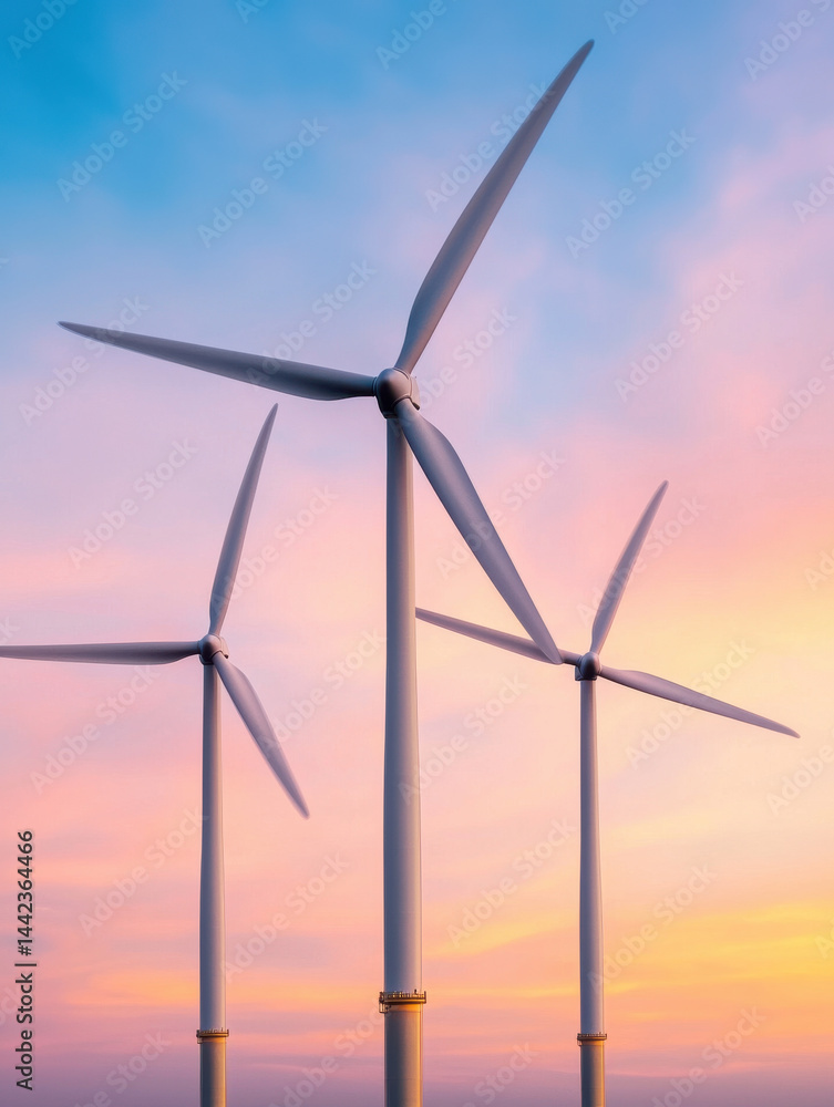 Fototapeta premium Wind turbines against colorful dawn sky create serene scene