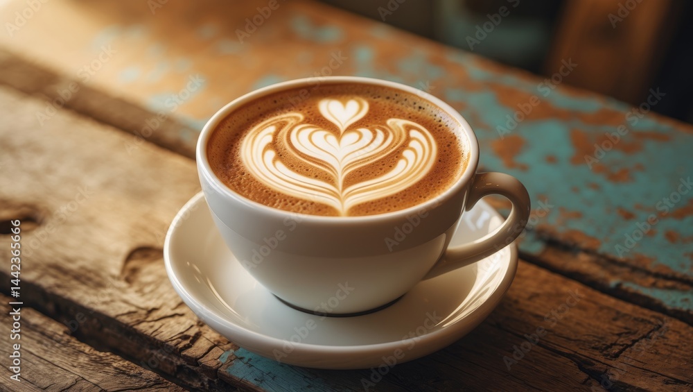 Detailed view of a white coffee cup adorned with heart-shaped latte art on a wood table Detailed view of a white coffee cup adorned with heart-shaped latte art on a wood table