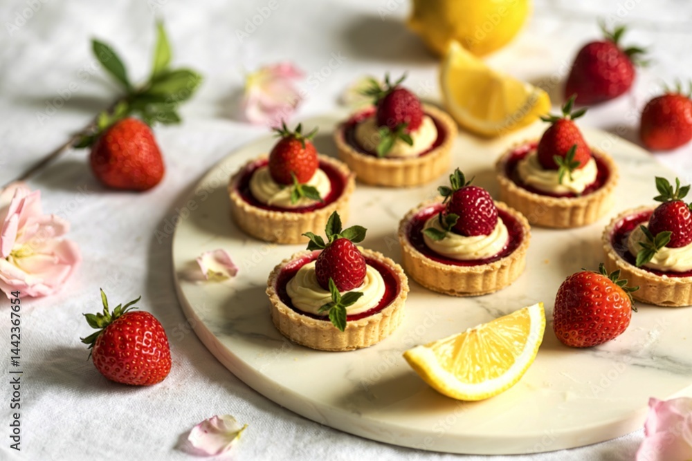 A photograph of a meticulously arranged dessert display featuring miniature tarts A photograph of a meticulously arranged dessert display featuring miniature tarts