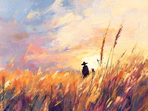 Serene Sunset Silhouette: Exploring Rural Beauty and Tranquility with Canine Companionship