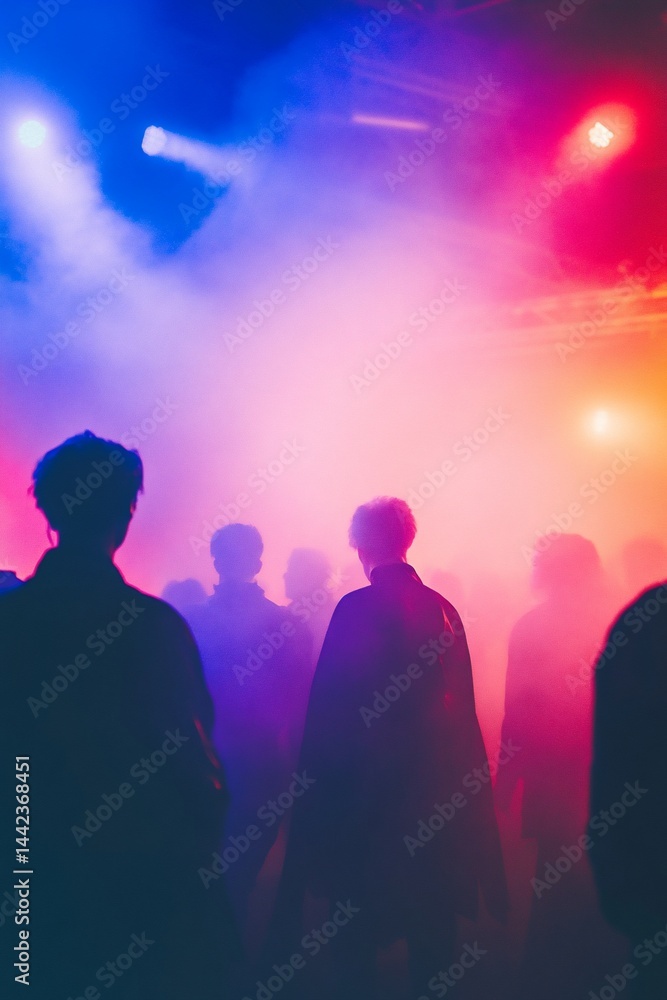 Fototapeta premium Silhouetted figures at a vibrant concert, bathed in colorful stage lighting and haze.