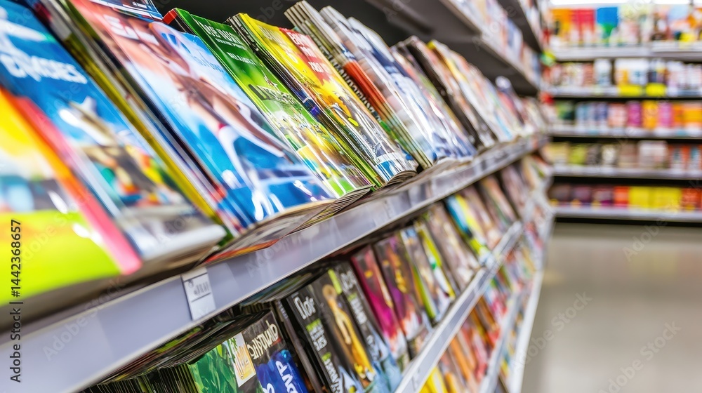 Colorful Magazine Rack Display in Retail Store with Various Titles