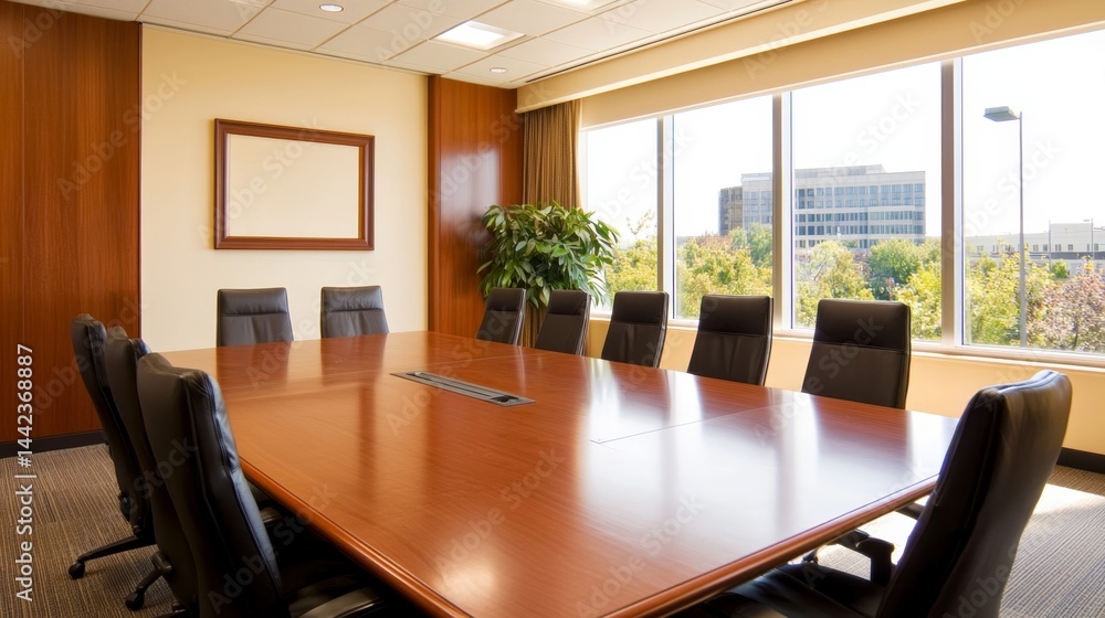 Fototapeta premium Feng Shui and Energy Flow. Modern Conference Room with Large Table and Natural Light for Productive Meetings,3D rendering