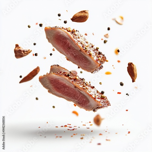 Two grilled meat slices levitate against a white background, surrounded by falling spices and nuts.