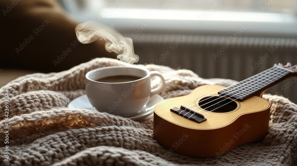Cozy Coffee and Ukulele with Steam on Warm Knit Blanket