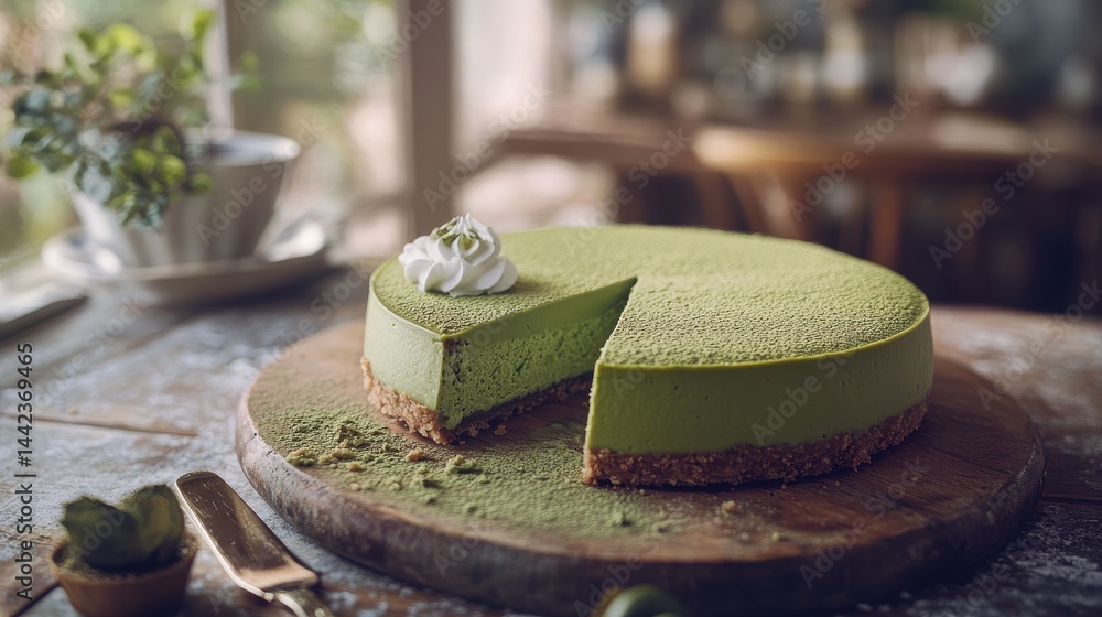 Delicious Matcha Green Tea Cheesecake on Wooden Table Slice
