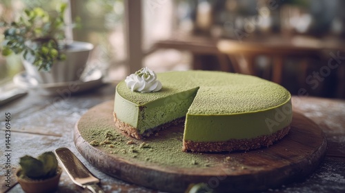 Obraz na płótnie Delicious Matcha Green Tea Cheesecake on Wooden Table Slice w salonie
