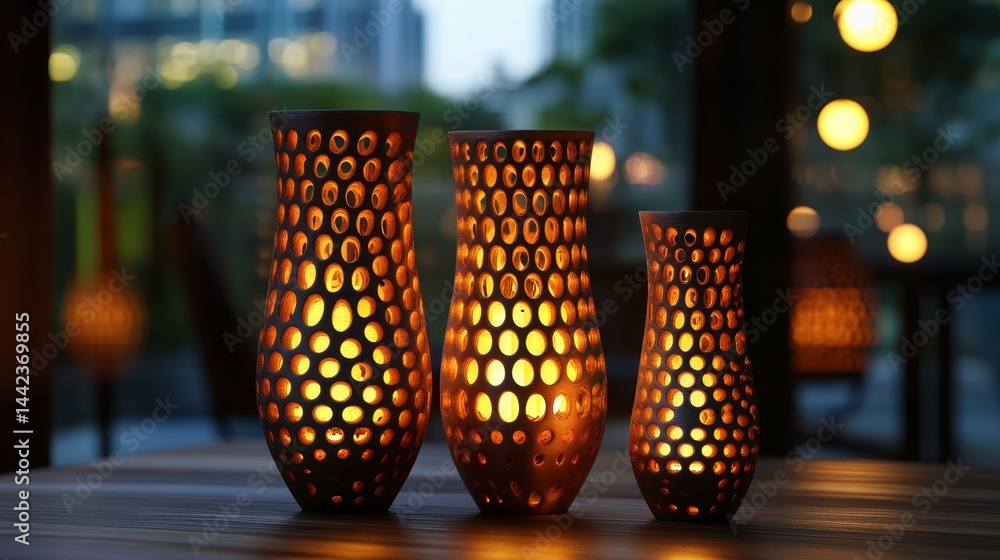 Elegant Ceramic Vases with Warm Light on a Table at Dusk