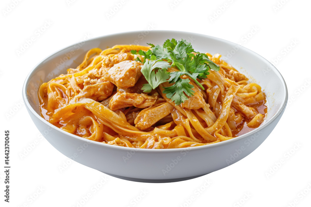 Egg noodles with curry, chicken, and vegetables garnished with finely chopped greens. Isolated object with transparent background Egg noodles with curry, chicken, and vegetables garnished with finely chopped greens. Isolated object with transparent background