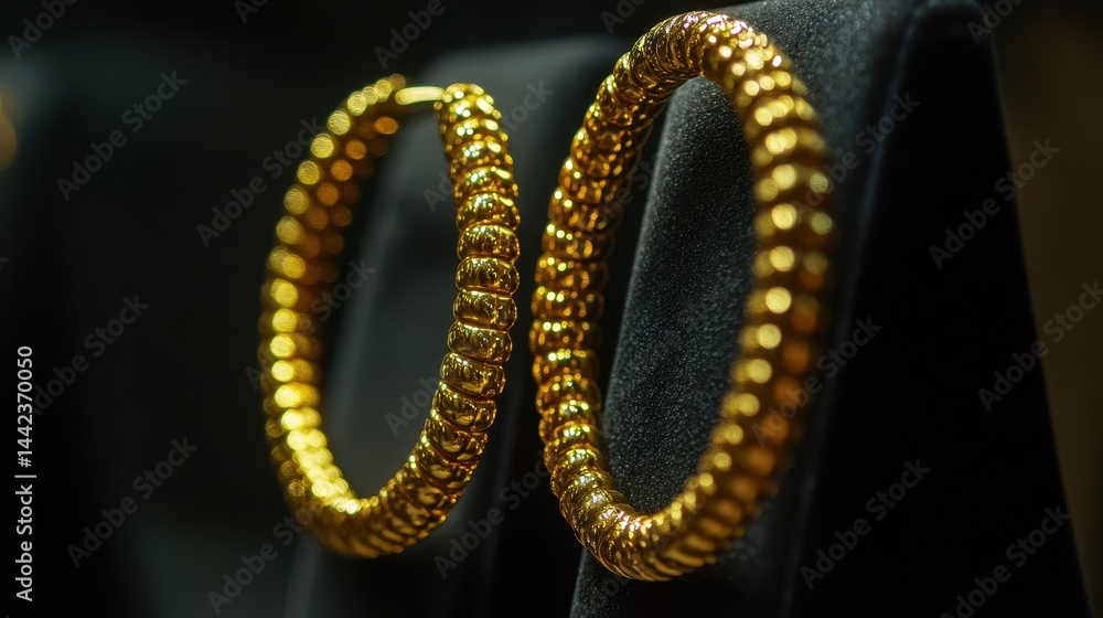 Elegant gold bangles displayed on velvet stands in jewelry shop