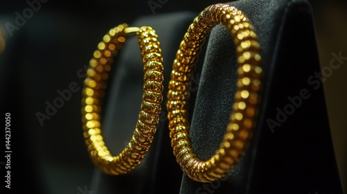 Elegant gold bangles displayed on velvet stands in jewelry shop