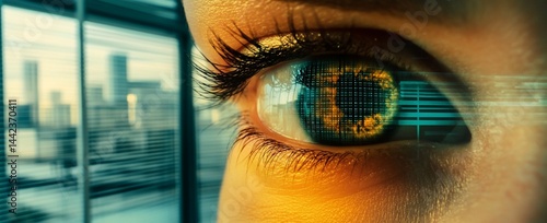 Close-up of a woman's eye with a digital overlay, cityscape in background.