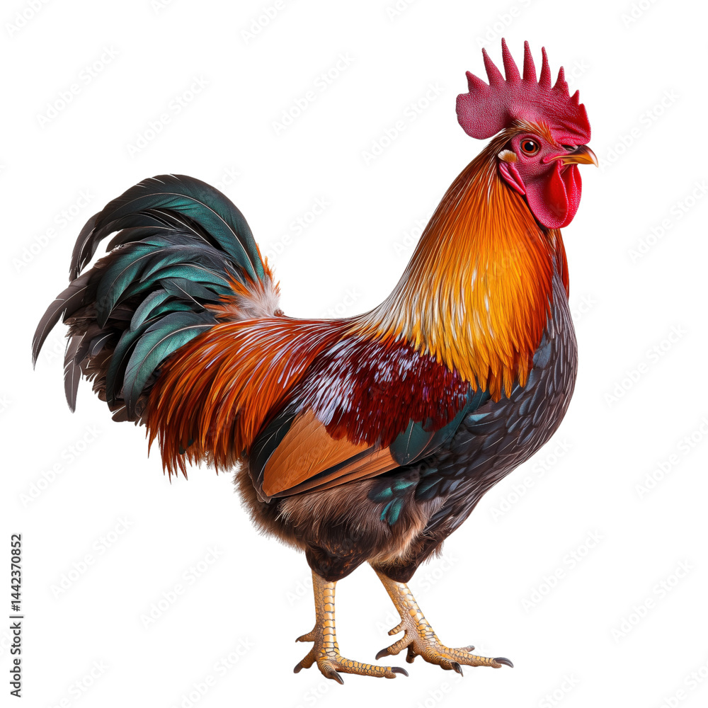 Fototapeta premium larfge red rooster side view, vivid feathers, isolated on transparent background, cut out, no shadow, standing proudly