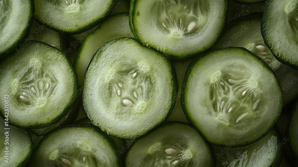 Freshly Sliced Cucumbers with Refreshing Green Tones and Textures