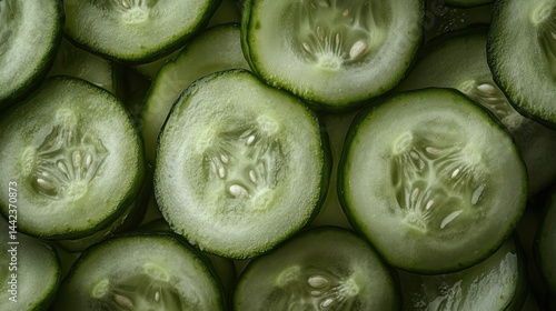 Obraz na płótnie Freshly Sliced Cucumbers with Refreshing Green Tones and Textures w salonie