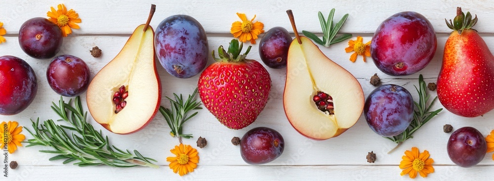 Flat lay of plums, pears, strawberries, rosemary, and flowers on a white wooden surface.